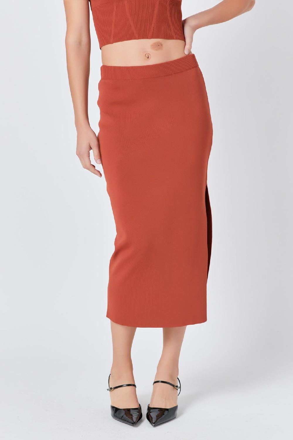 Endless Rose Side Slit Detailed Knit Midi Skirt BURNT ORANGE