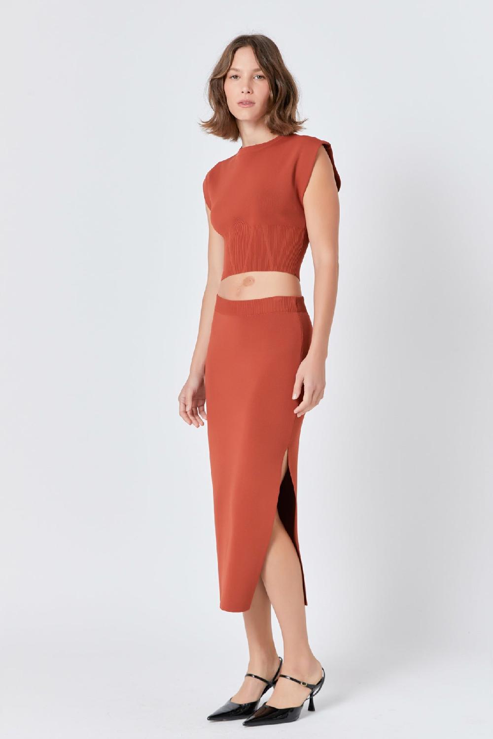 Endless Rose Side Slit Detailed Knit Midi Skirt BURNT ORANGE