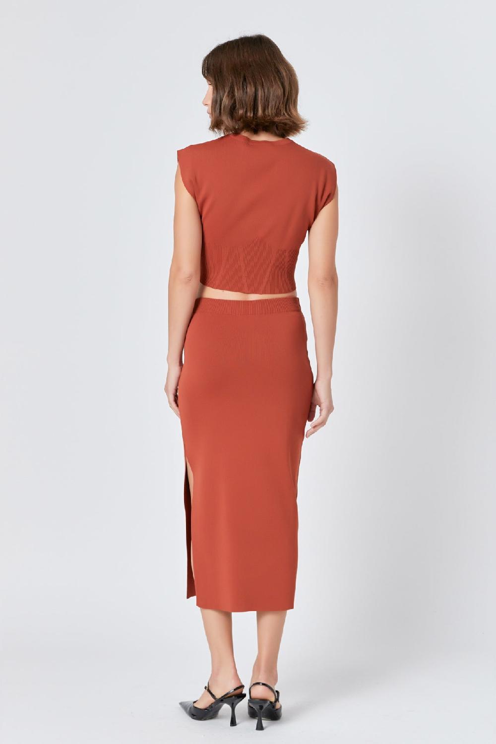 Endless Rose Side Slit Detailed Knit Midi Skirt BURNT ORANGE