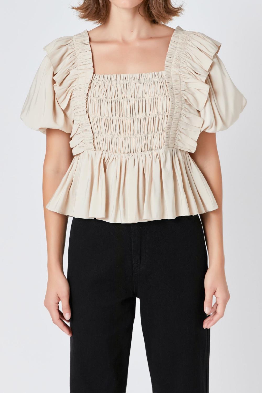 Endless Rose Smocked Puff Sleeve Peplum Crop Top BEIGE