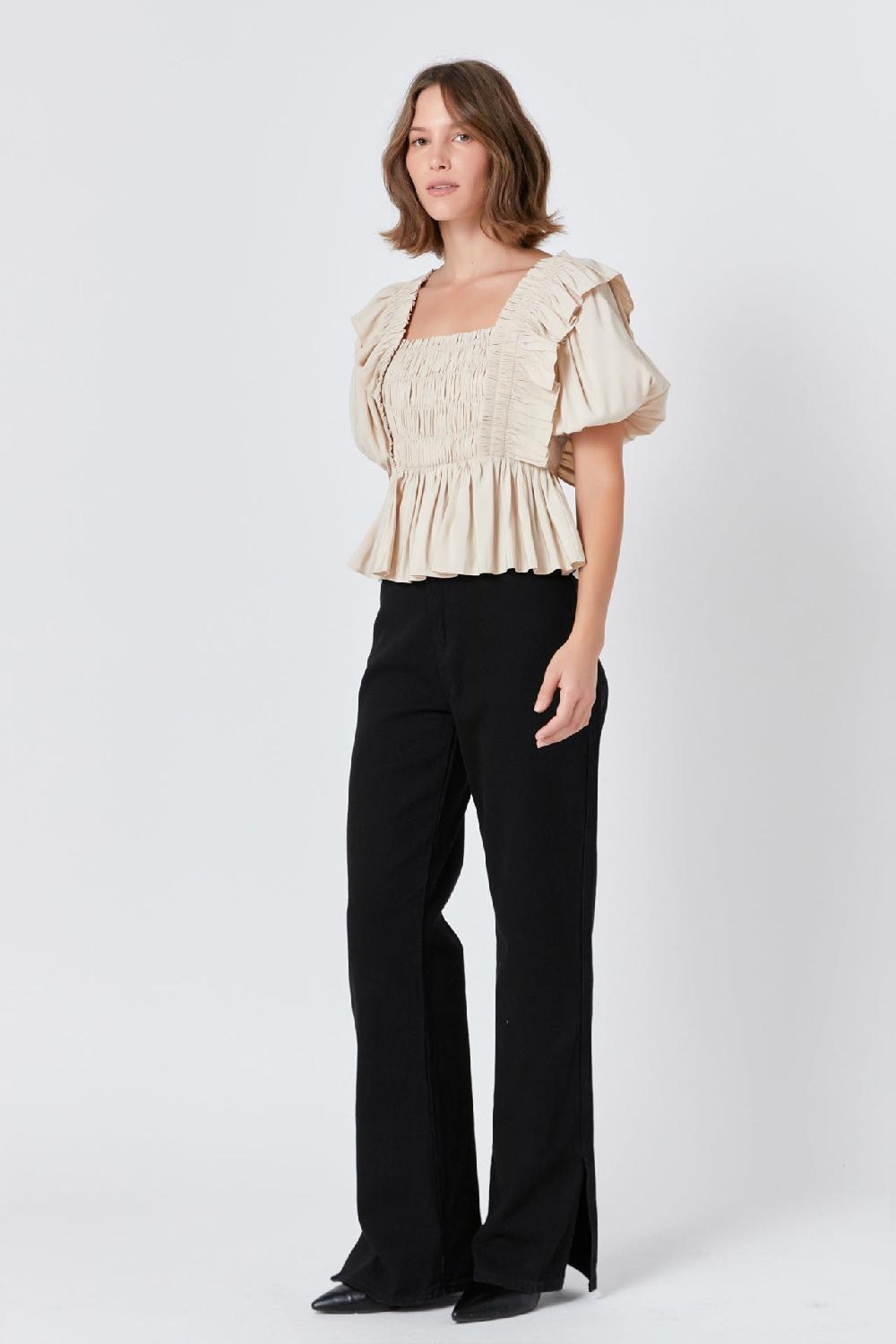 Endless Rose Smocked Puff Sleeve Peplum Crop Top BEIGE