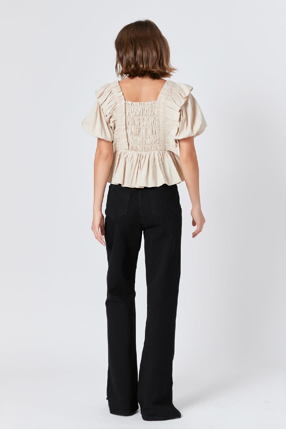 Endless Rose Smocked Puff Sleeve Peplum Crop Top BEIGE