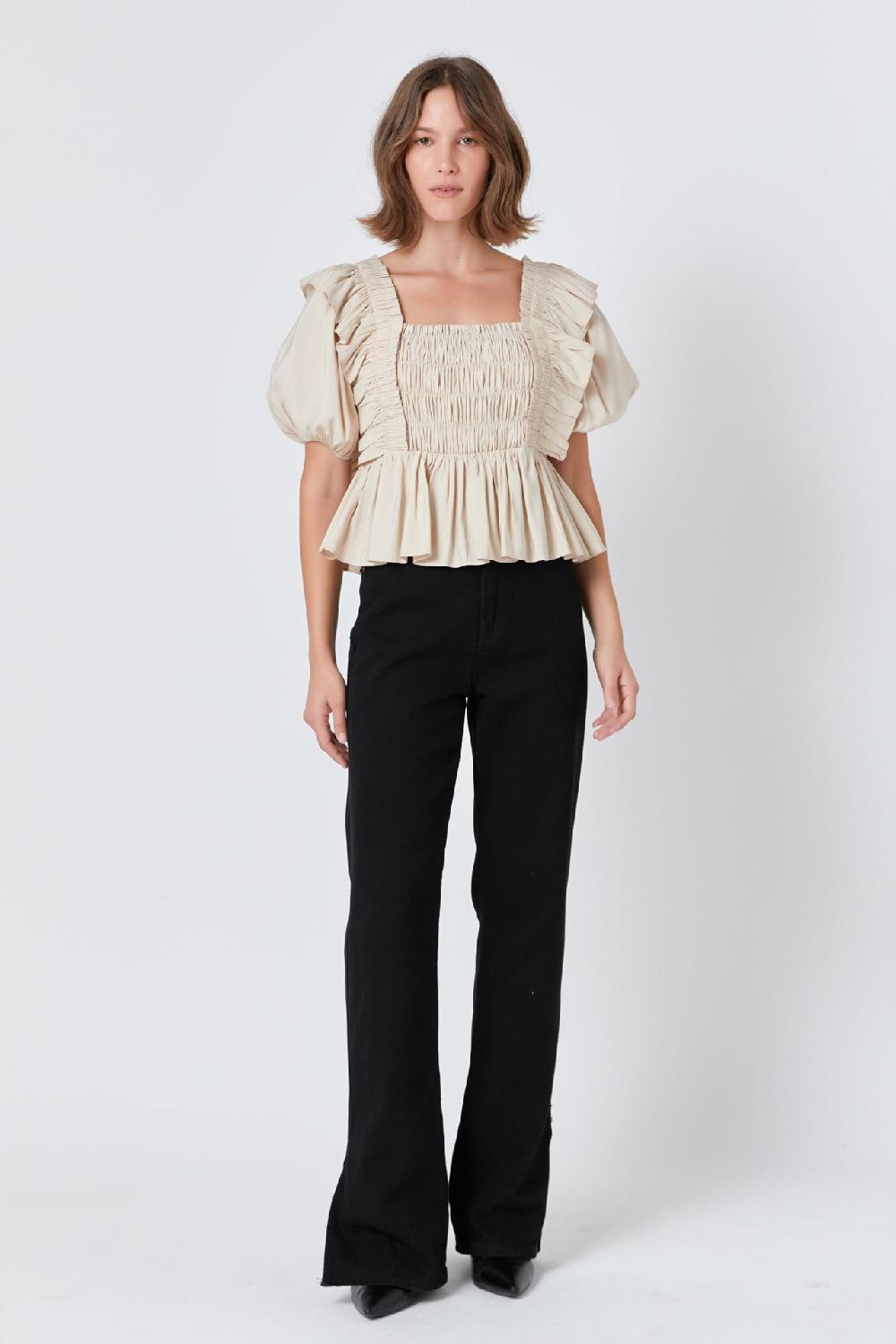 endless rose Smocked Puff Sleeve Peplum Crop Top BEIGE