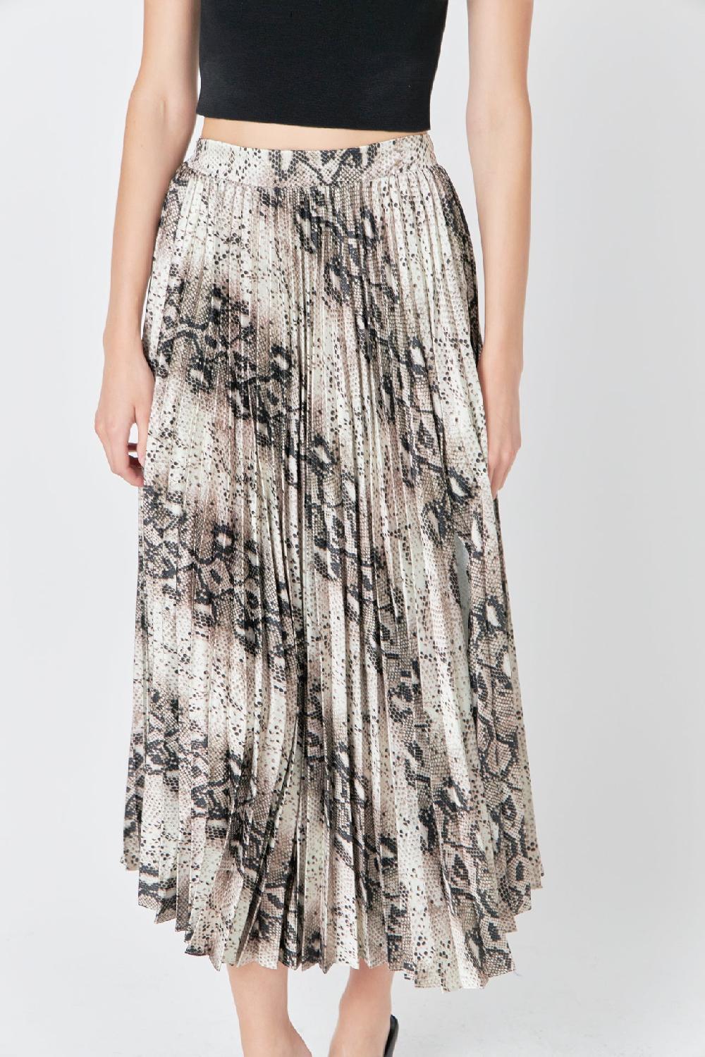 Endless Rose Snakeskin Pleated Midi Skirt TAN MULTI
