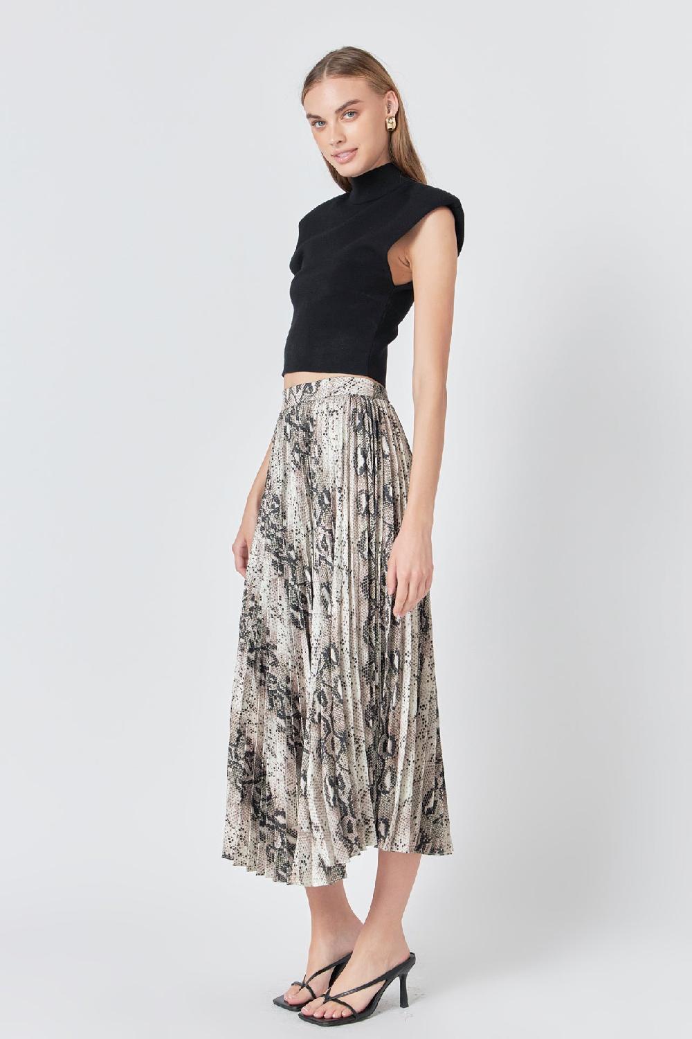 Endless Rose Snakeskin Pleated Midi Skirt TAN MULTI
