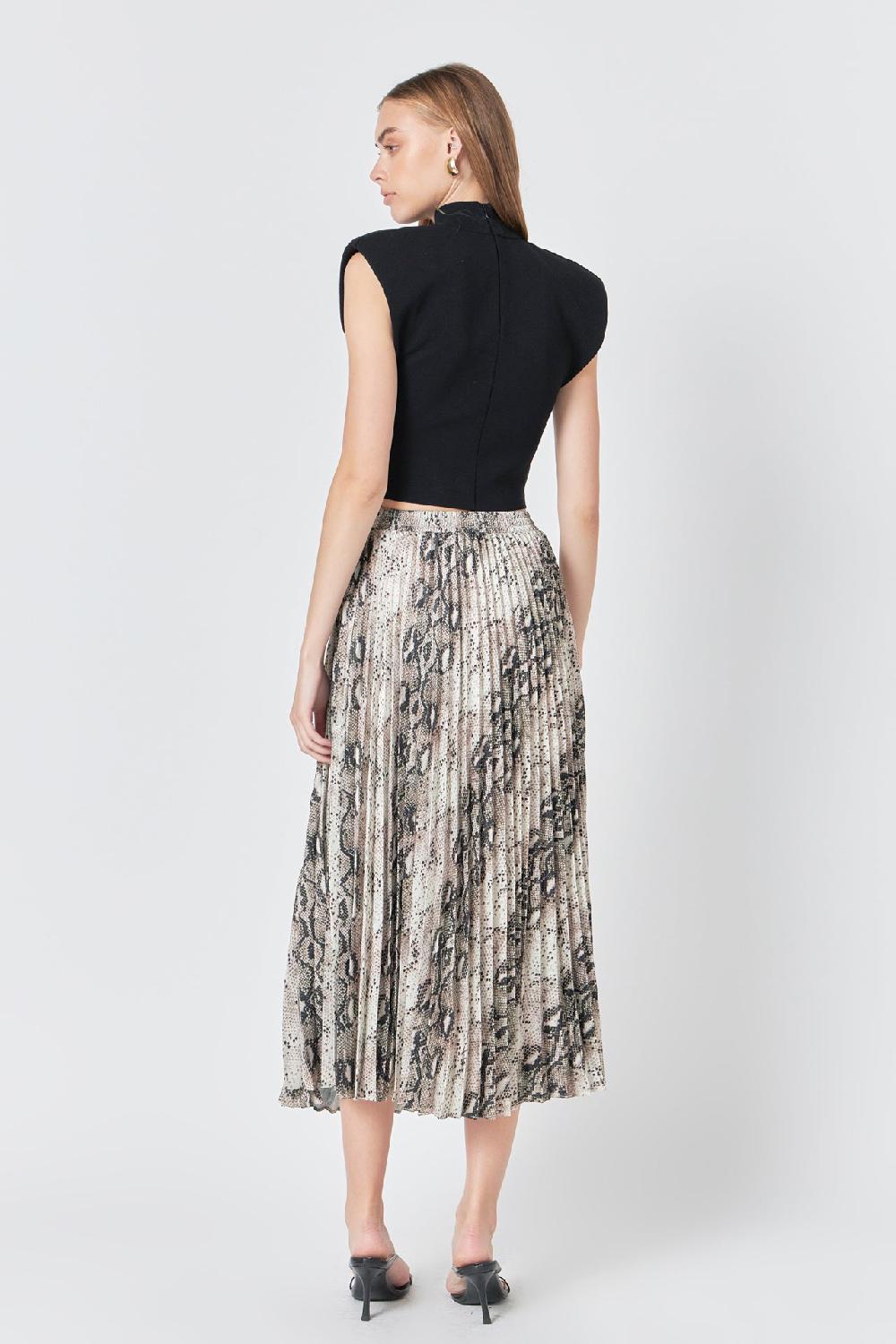 Endless Rose Snakeskin Pleated Midi Skirt TAN MULTI