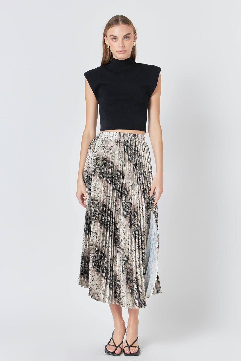 Endless Rose Snakeskin Pleated Midi Skirt TAN MULTI