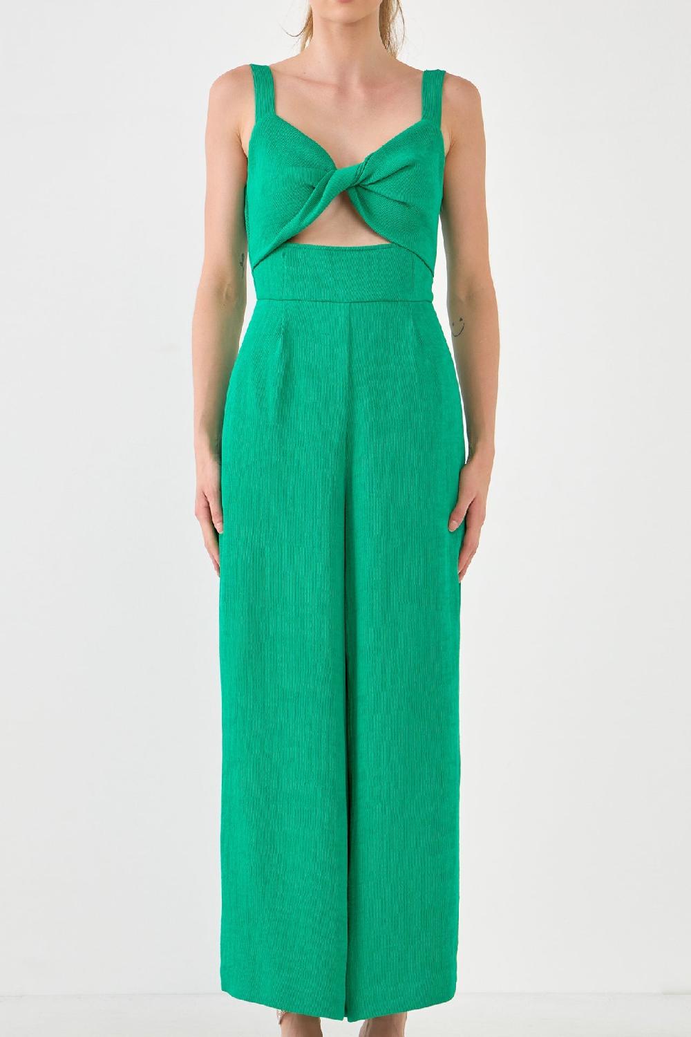 Endless Rose Soft Touch Plisse Twist Jumpsuit EMERALD