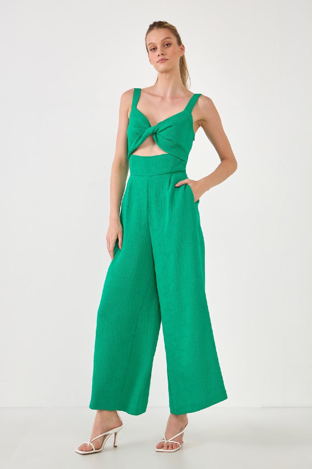 Endless Rose Soft Touch Plisse Twist Jumpsuit EMERALD