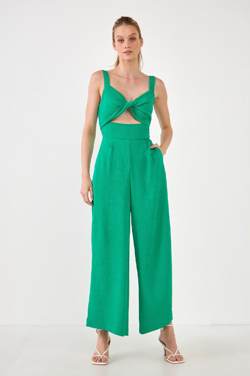 endless rose Soft Touch Plisse Twist Jumpsuit EMERALD