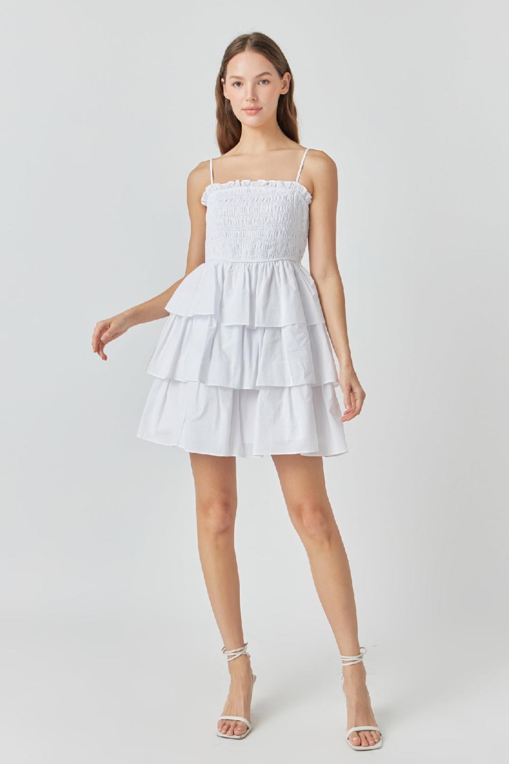 endless rose Spaghetti Smocked Tiered Mini Dress WHITE
