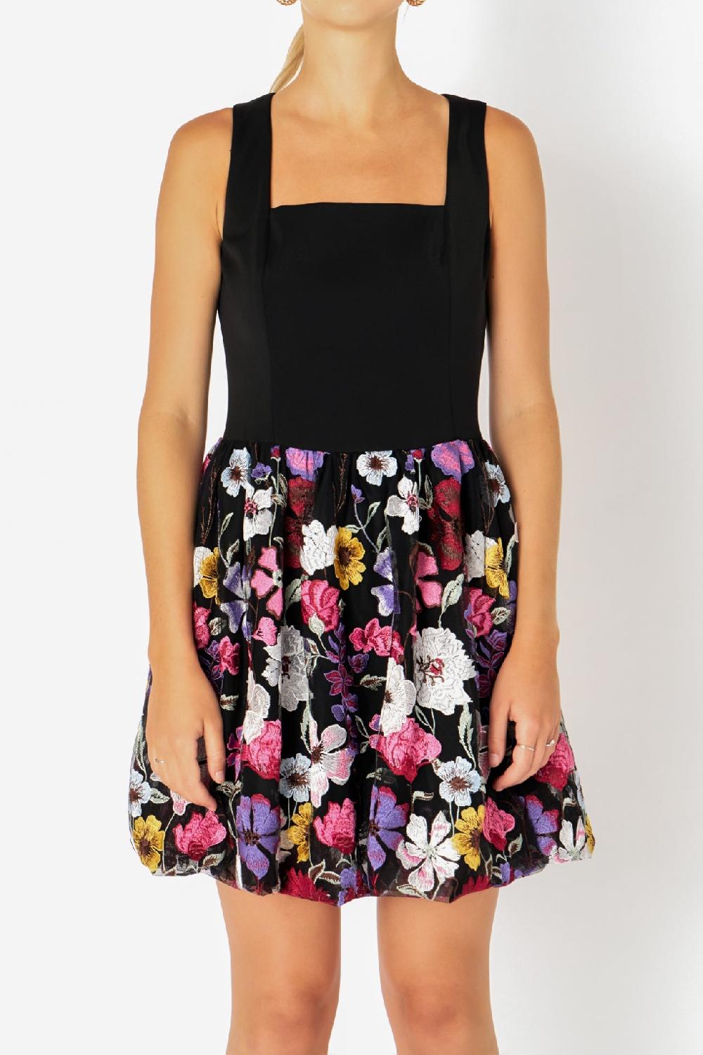 Endless Rose Square Neck Floral Embroidered Mini Dress BLACK