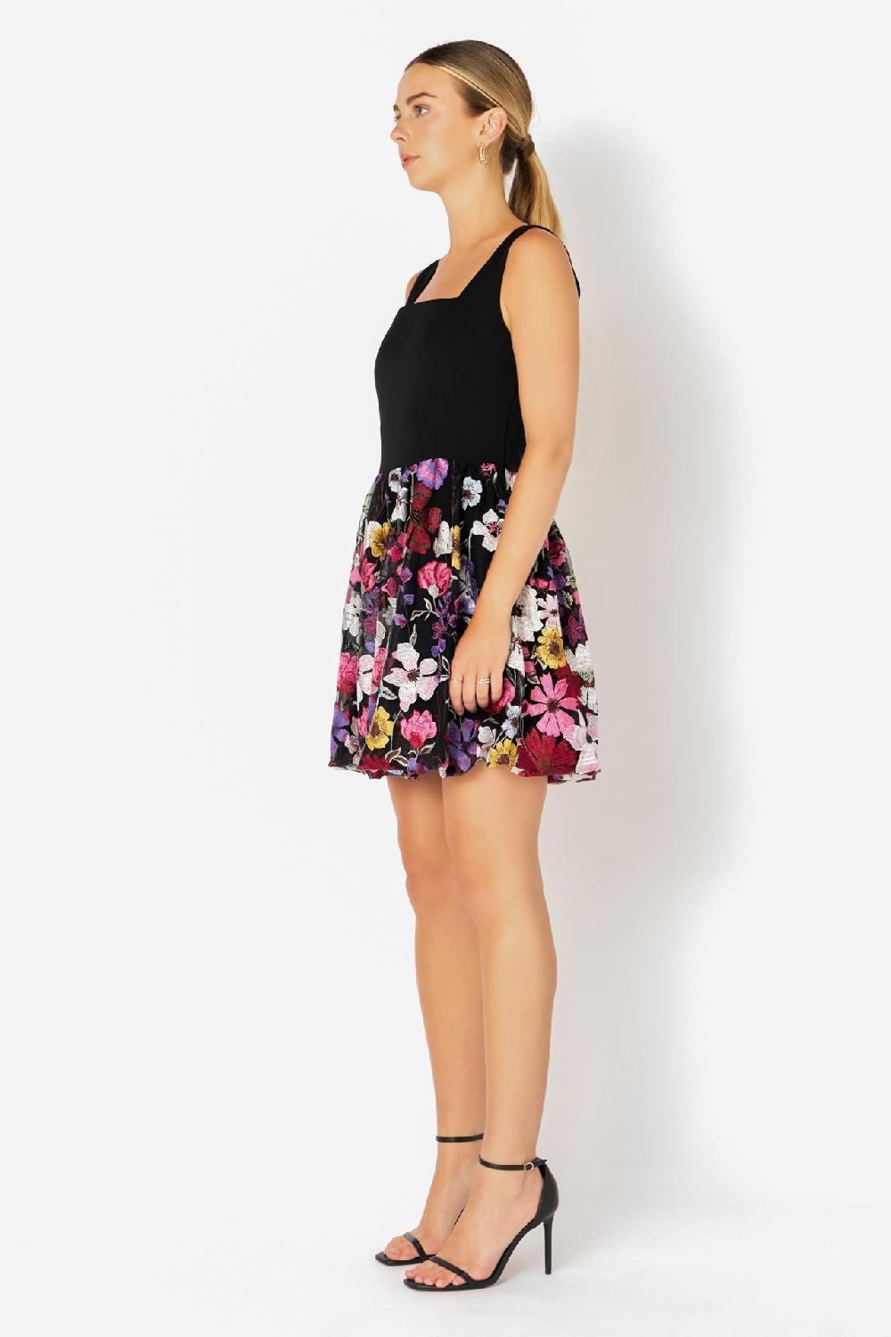 Endless Rose Square Neck Floral Embroidered Mini Dress BLACK