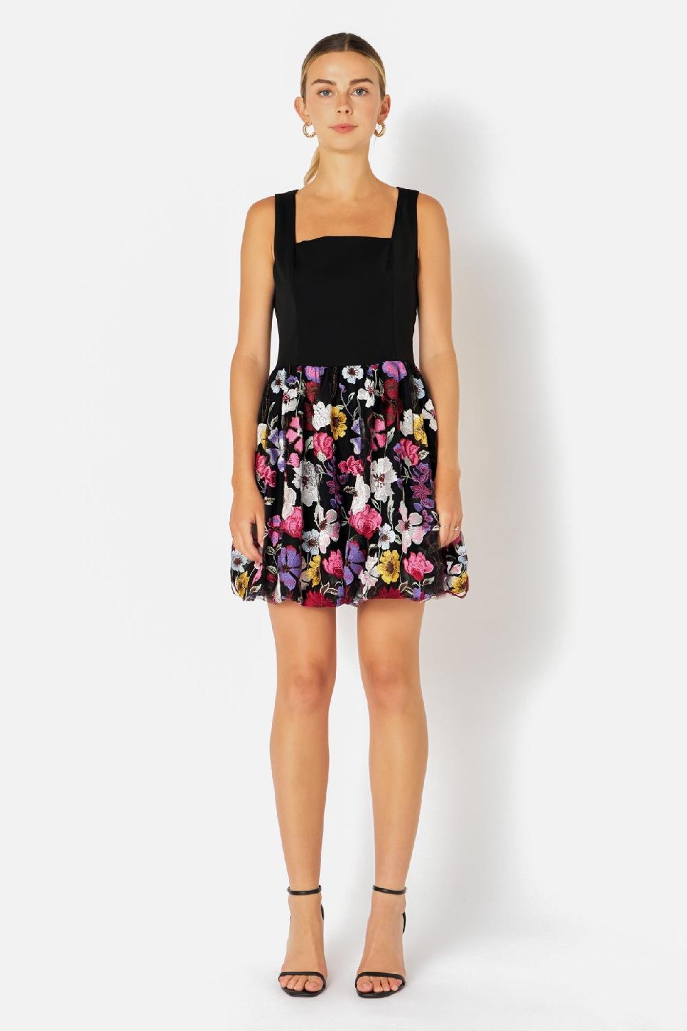 endless rose Square Neck Floral Embroidered Mini Dress BLACK
