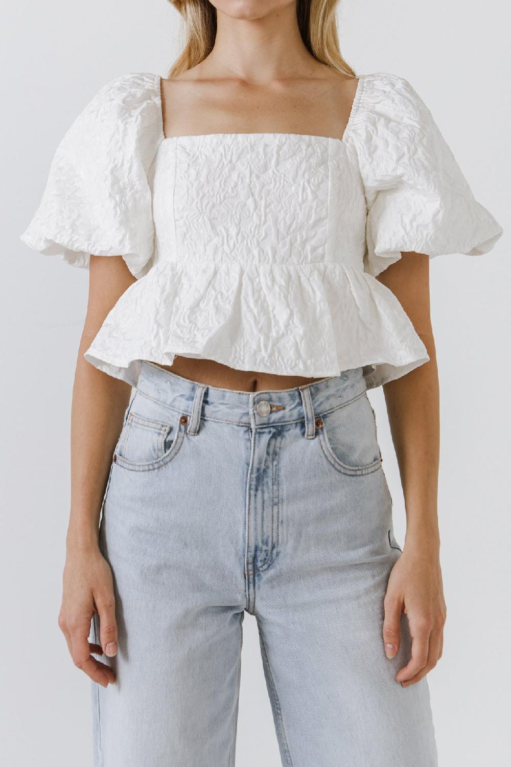 Endless Rose Square Neck Puff Sleeve Jacquard Top WHITE