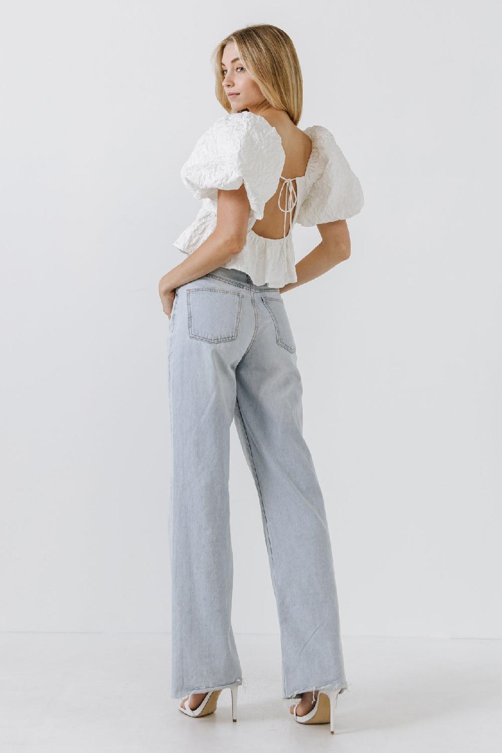 Endless Rose Square Neck Puff Sleeve Jacquard Top WHITE