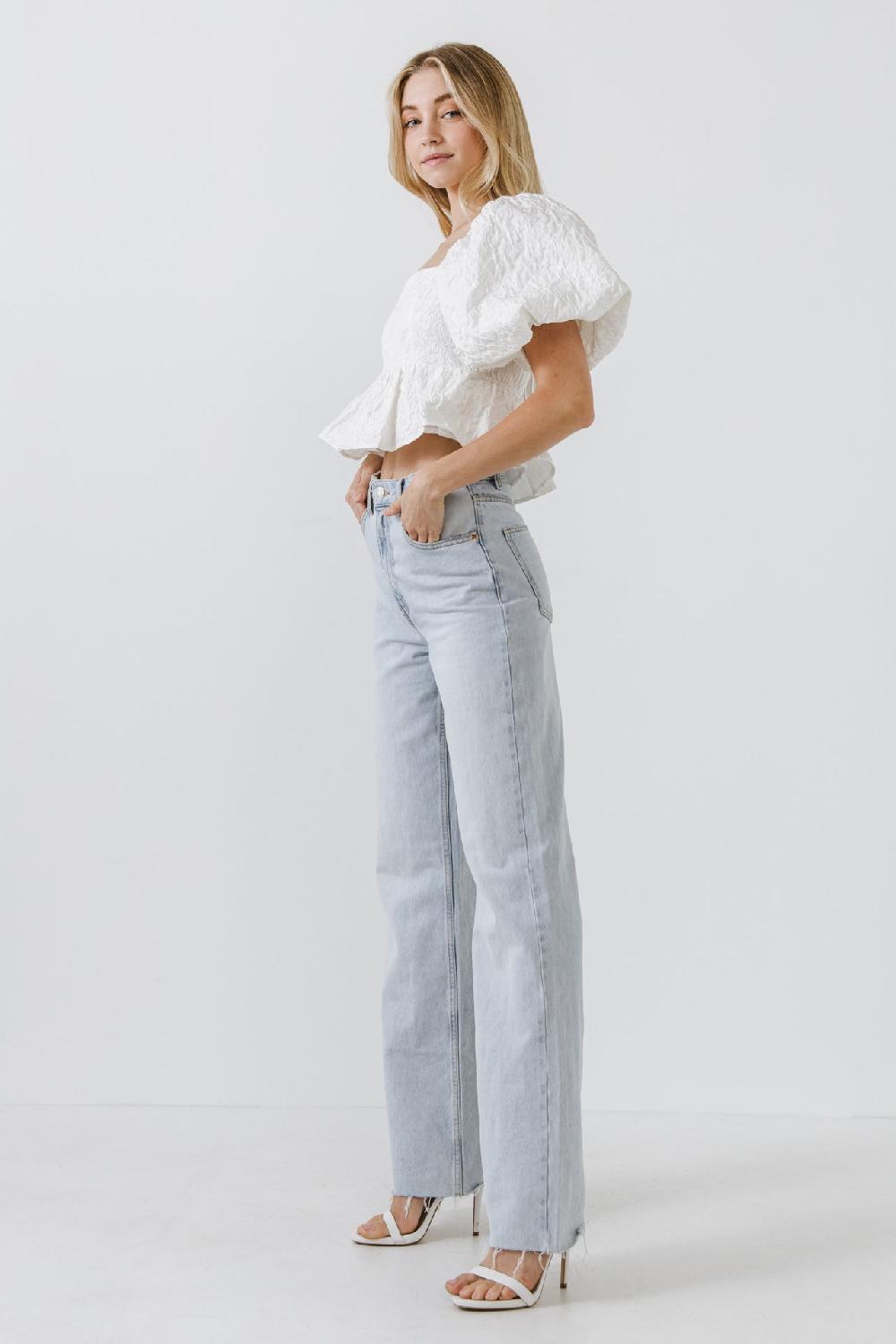 Endless Rose Square Neck Puff Sleeve Jacquard Top WHITE