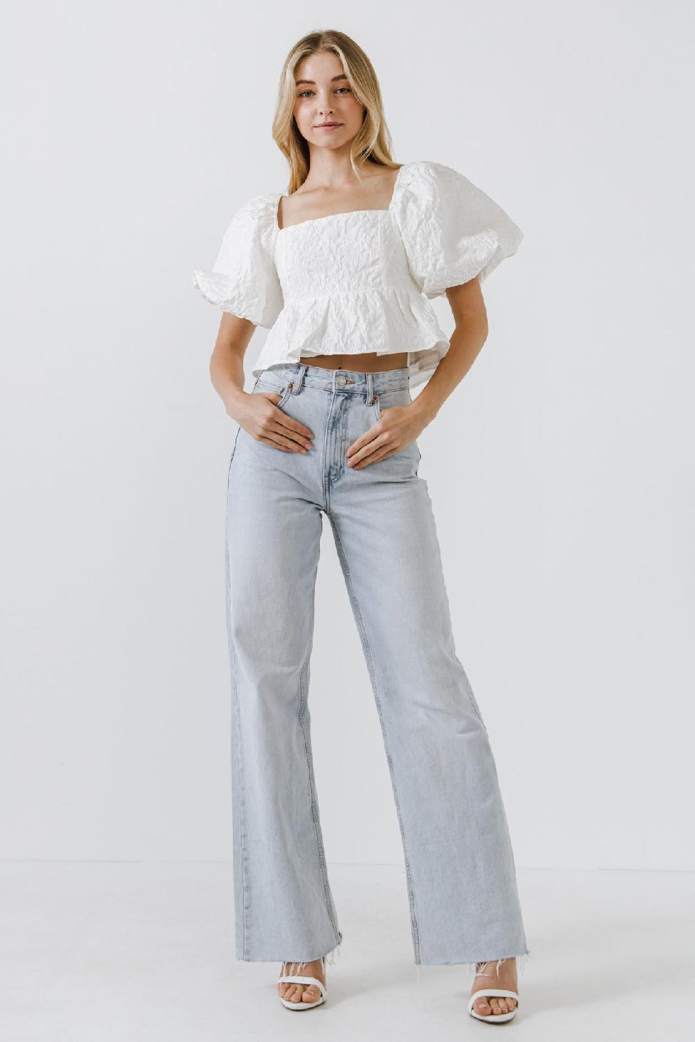 endless rose Square Neck Puff Sleeve Jacquard Top WHITE
