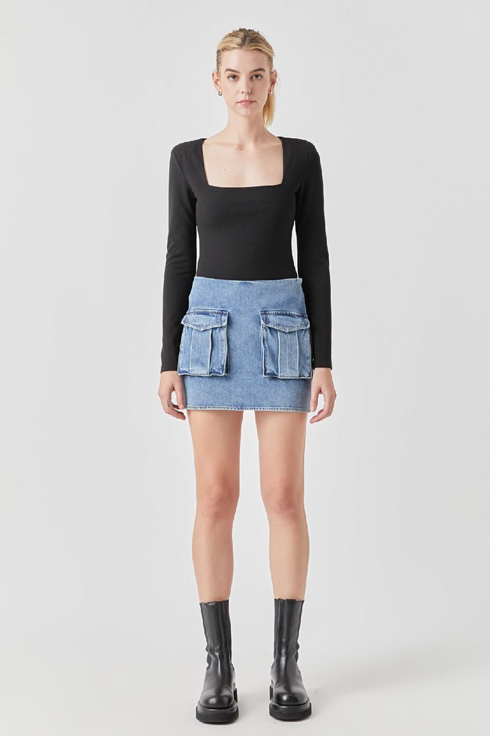 Endless Rose Square Neck Shoulder Pad Bodysuit BLACK