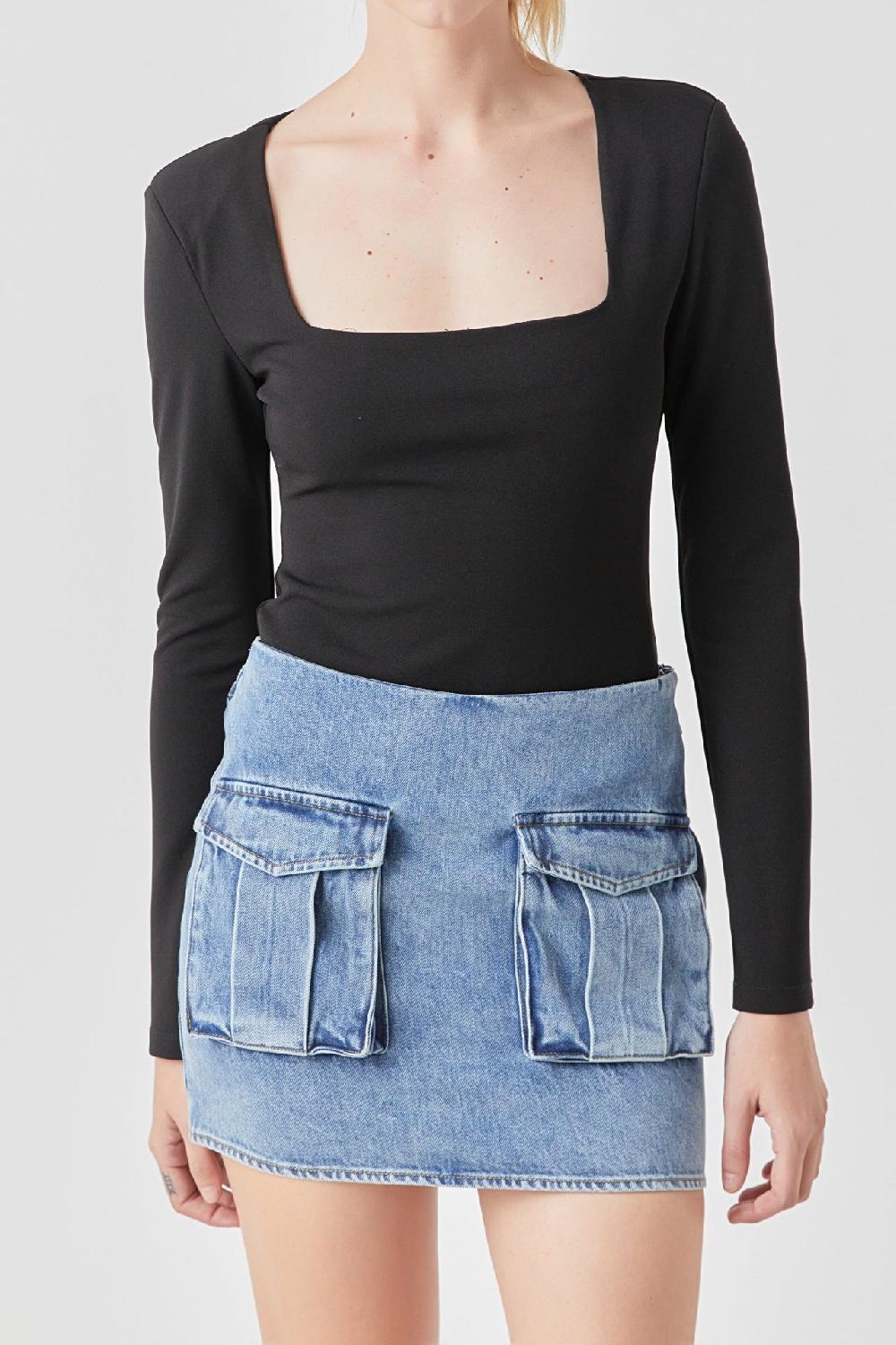 Endless Rose Square Neck Shoulder Pad Bodysuit BLACK