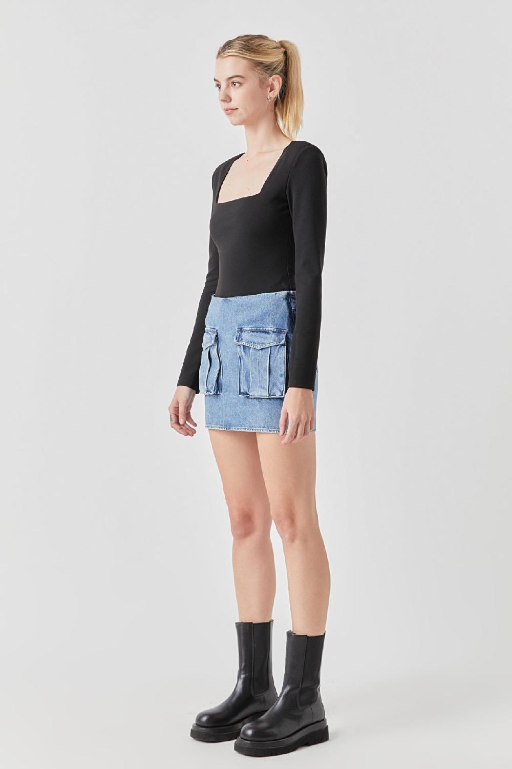 Endless Rose Square Neck Shoulder Pad Bodysuit BLACK