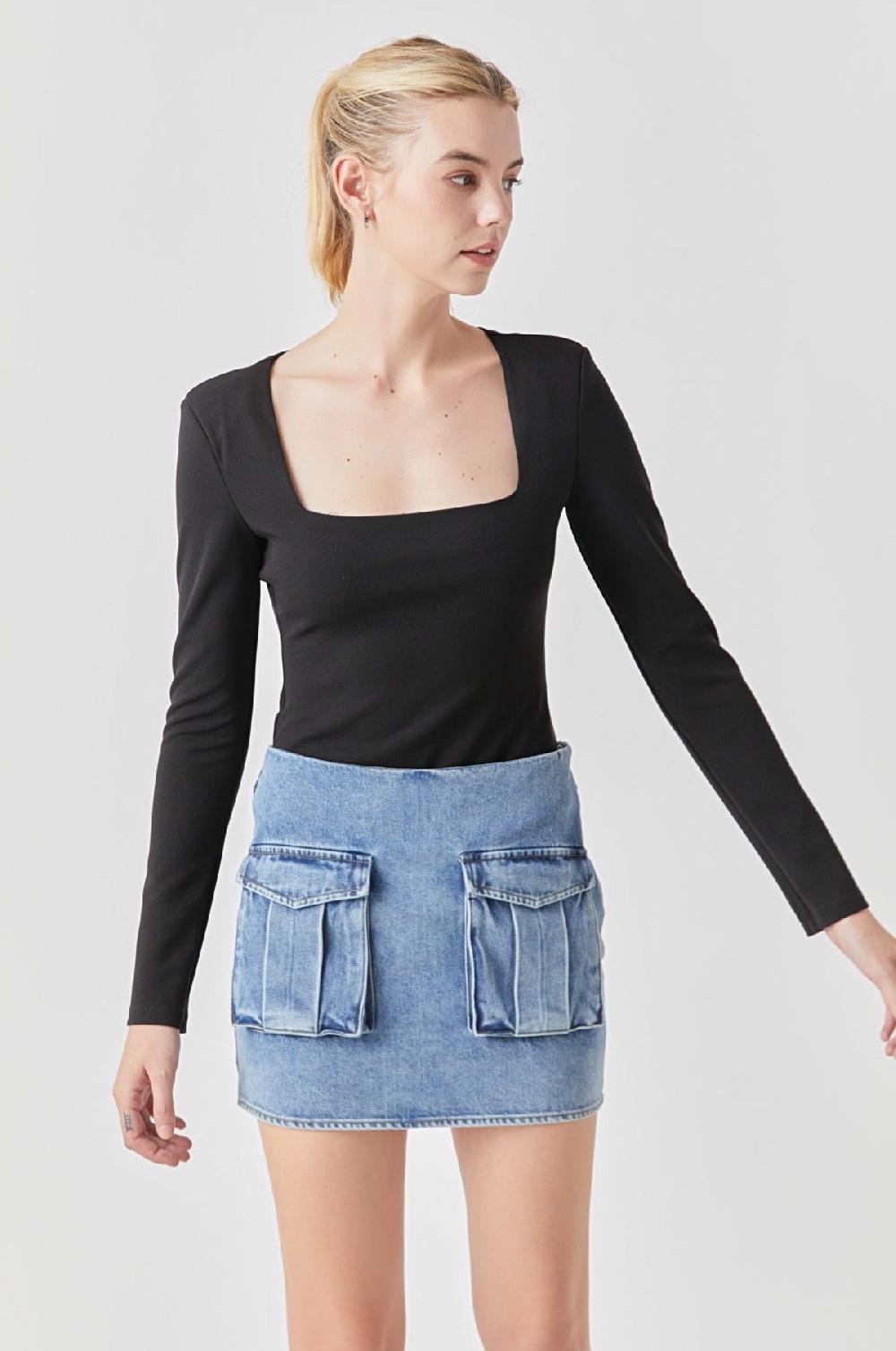 endless rose Square Neck Shoulder Pad Bodysuit BLACK