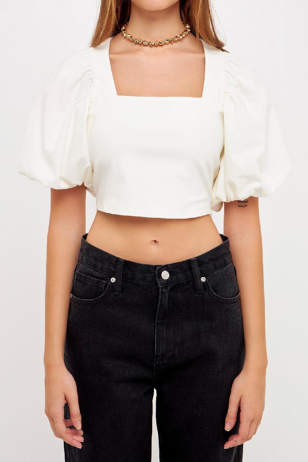Endless Rose Square Neckline Puff Sleeve Stretch Fabric Top WHITE