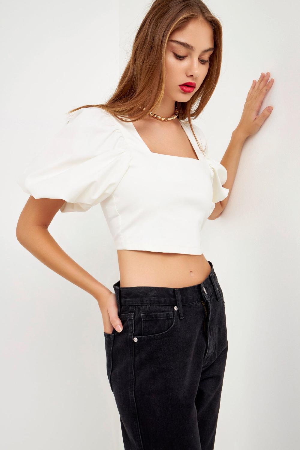 Endless Rose Square Neckline Puff Sleeve Stretch Fabric Top WHITE
