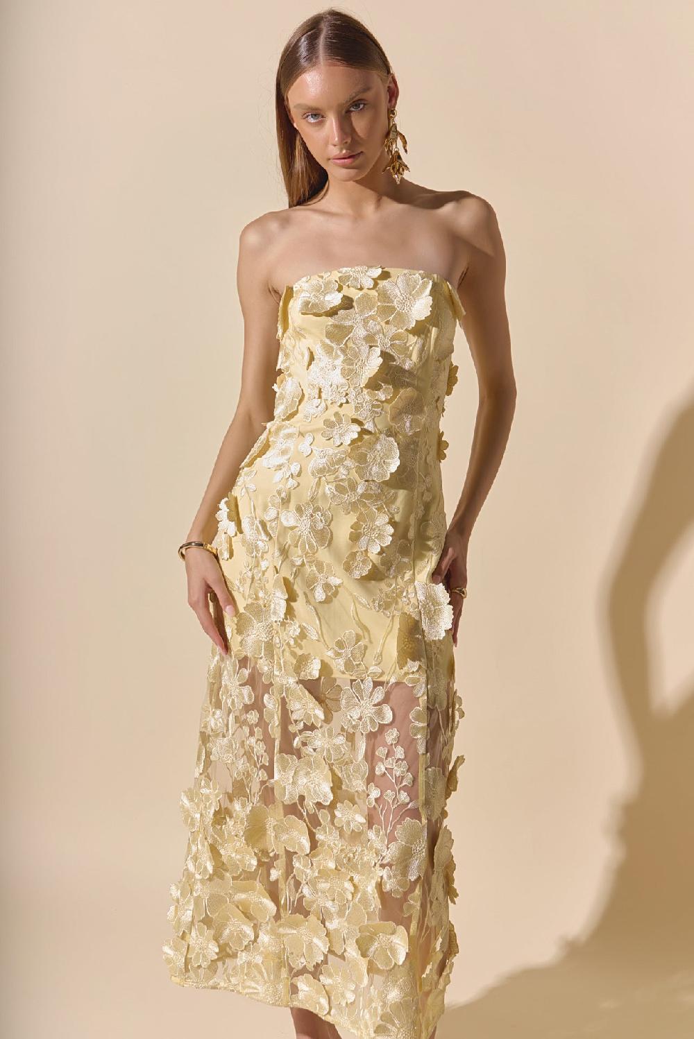 endless rose Strapless Floral Embroidered Maxi Dress BUTTER