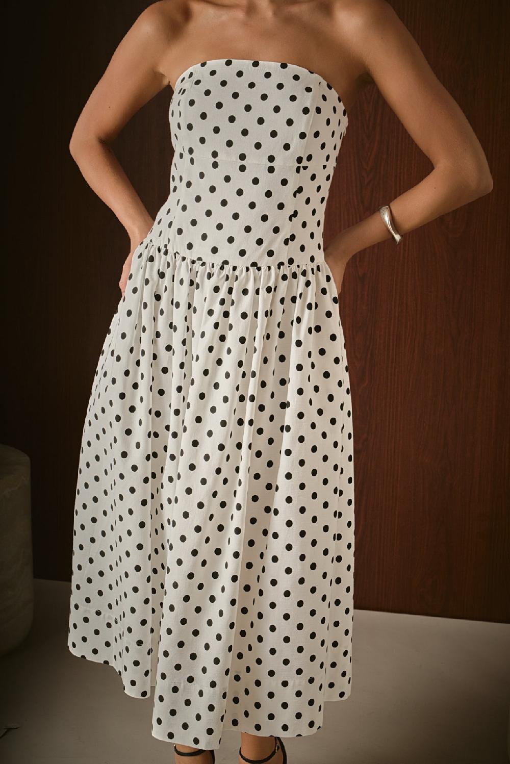 Endless Rose Strapless Polka Dot Taffeta Midi Dress WHITE/BLACK