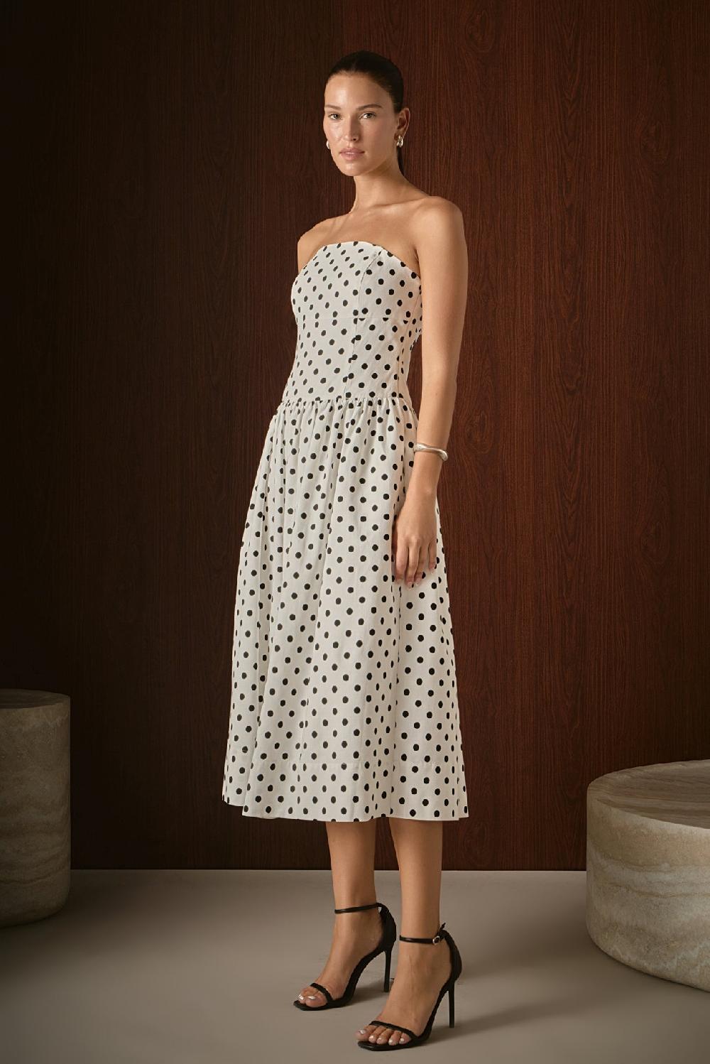 Endless Rose Strapless Polka Dot Taffeta Midi Dress WHITE/BLACK
