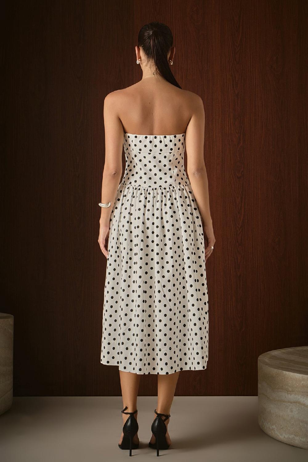 Endless Rose Strapless Polka Dot Taffeta Midi Dress WHITE/BLACK