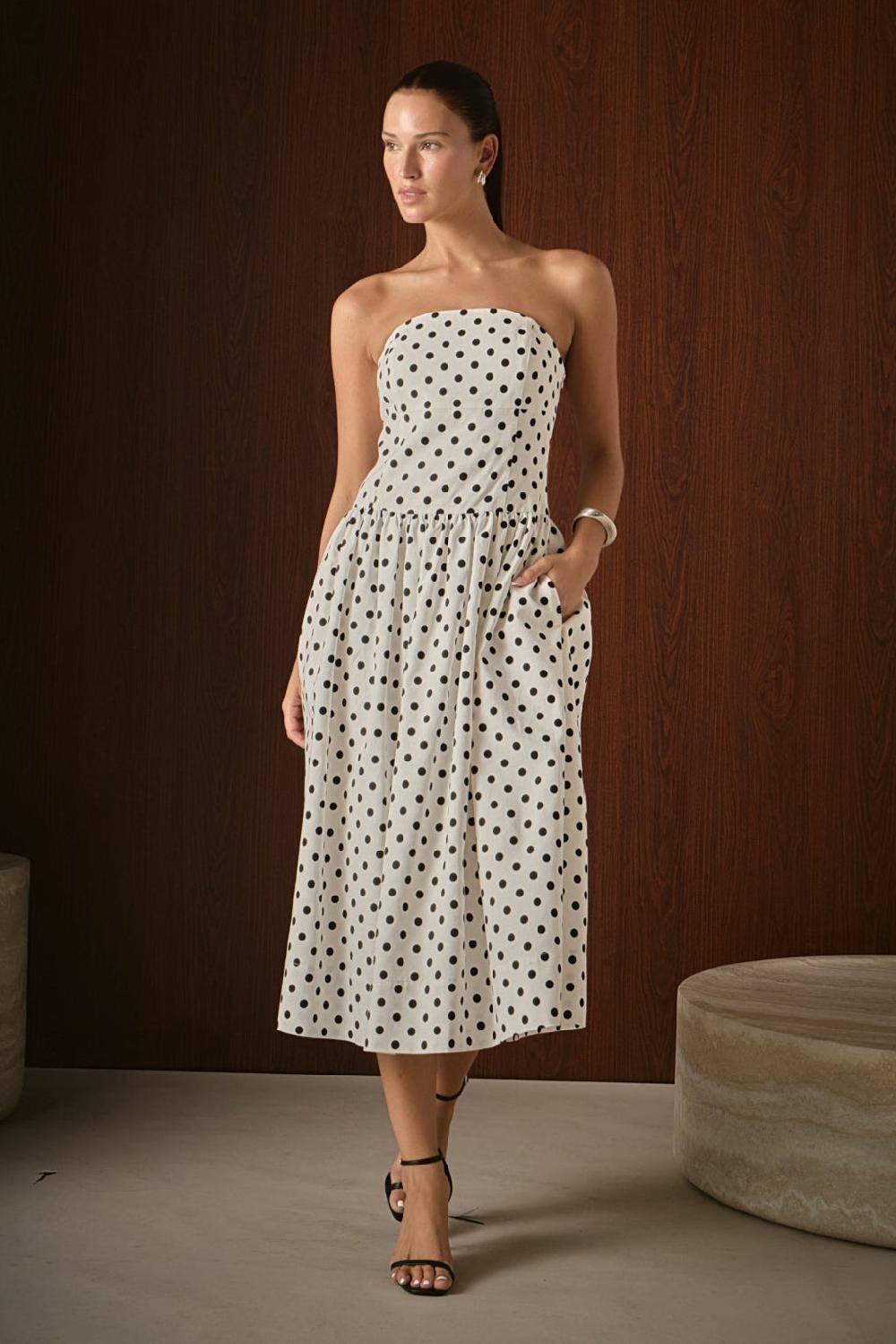 endless rose Strapless Polka Dot Taffeta Midi Dress WHITE/BLACK