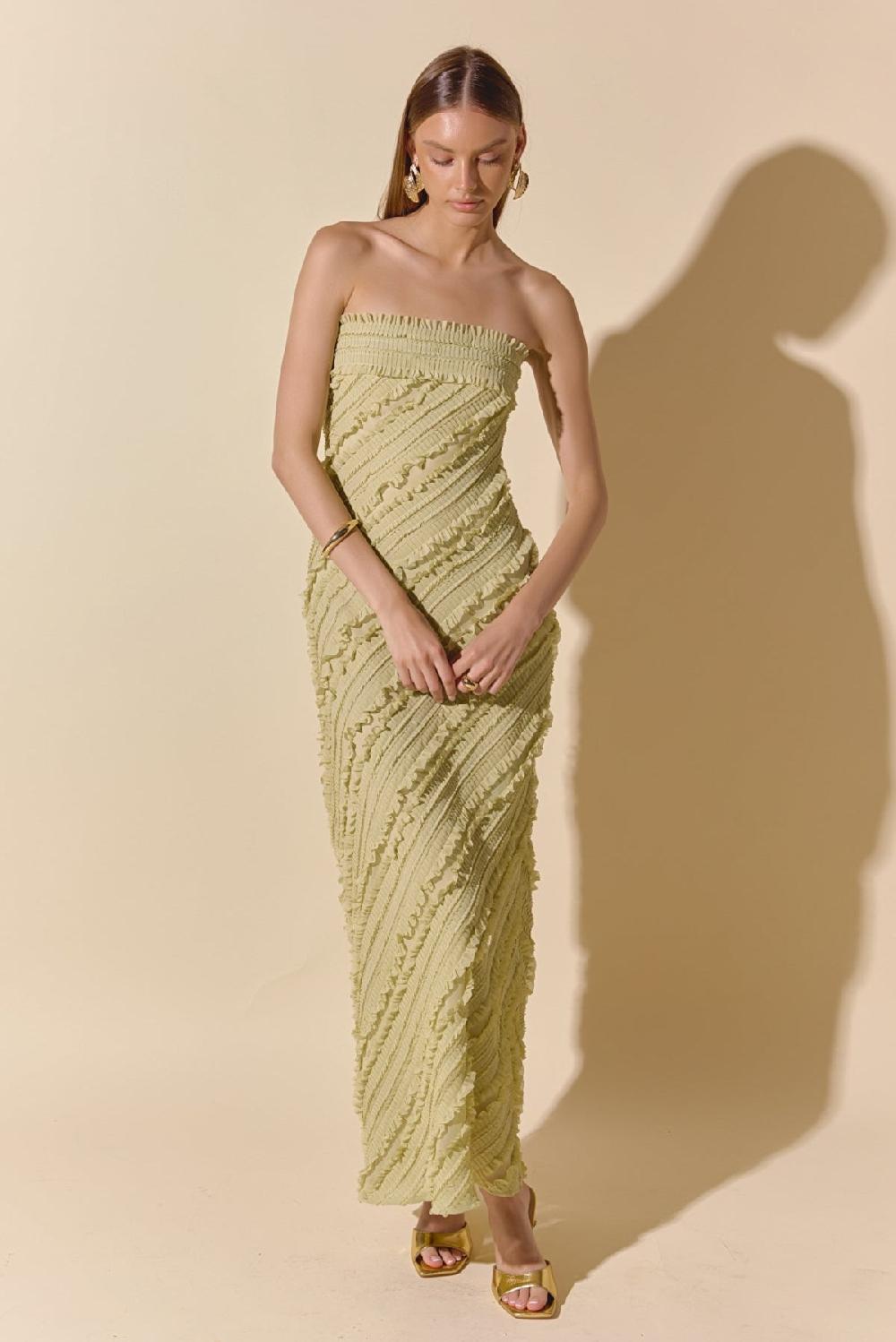 endless rose Strapless Ruffled Maxi Dress PISTACHIO