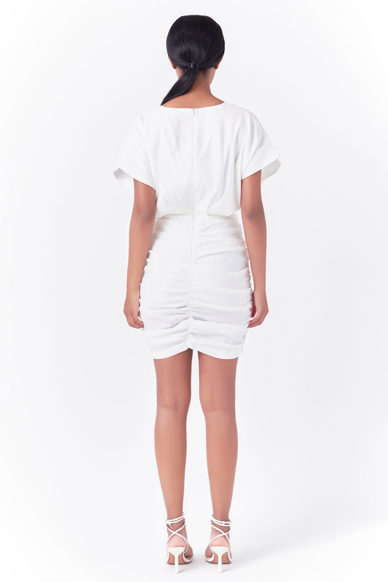 Endless Rose Stretch Linen Shirred Mini Dress WHITE