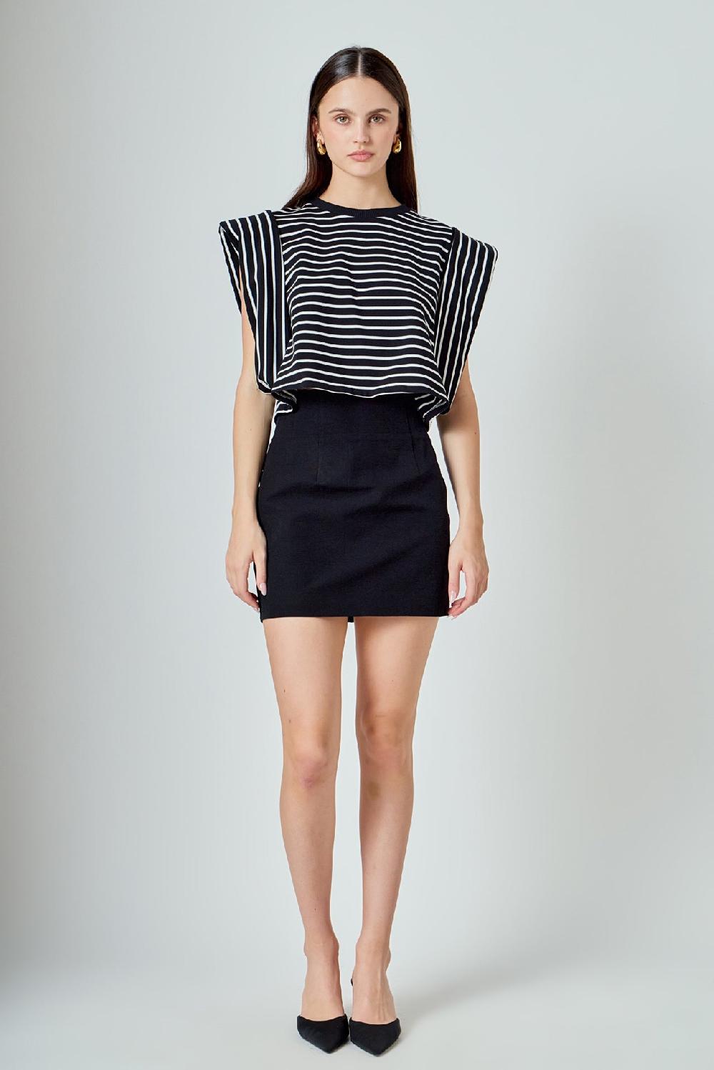 endless rose Stripe Drop Shoulder Cropped Top BLACK/WHITE