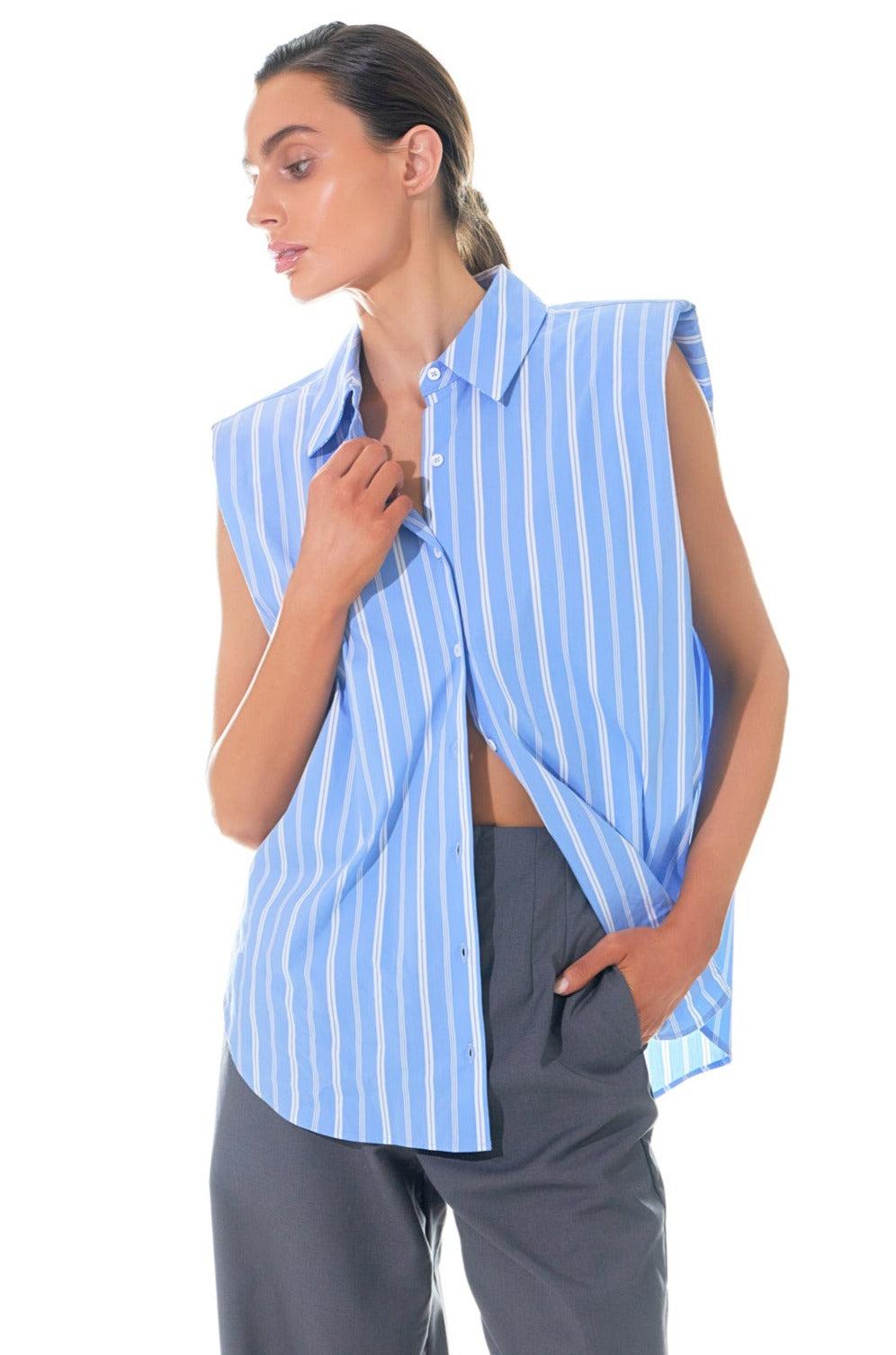 endless rose Stripe Power Shoulder Shirt BLUE/WHITE