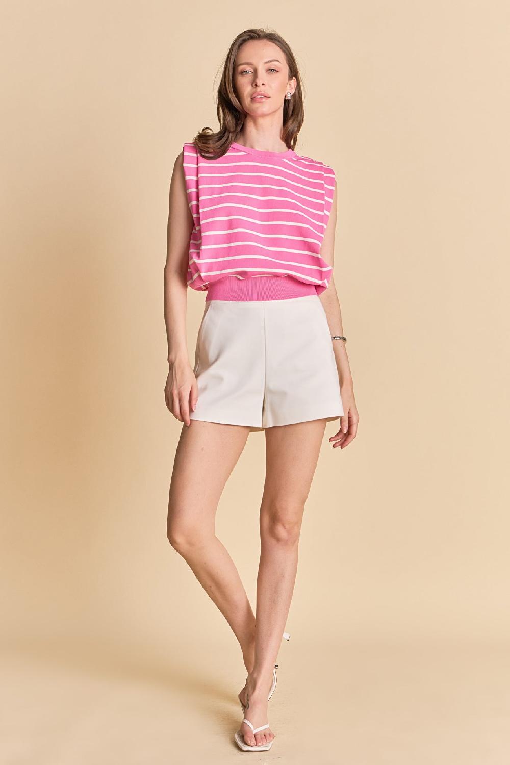 endless rose Stripe Sleeveless Pleated Knit Top PINK