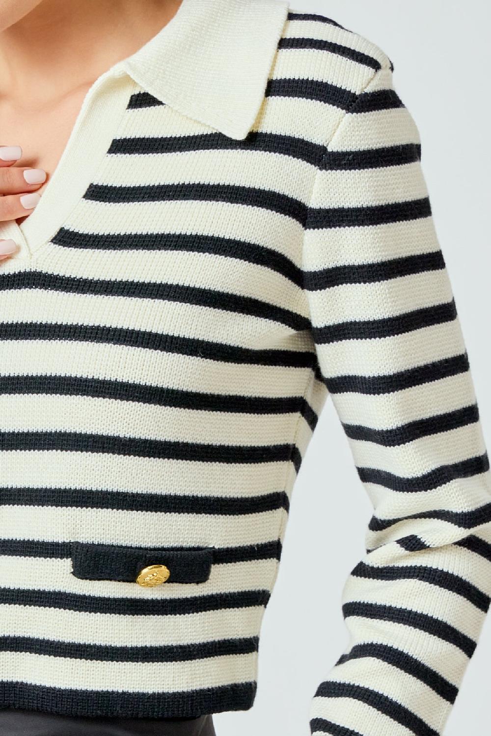 Endless Rose Striped Knit Collared Sweater IVORY/BLACK