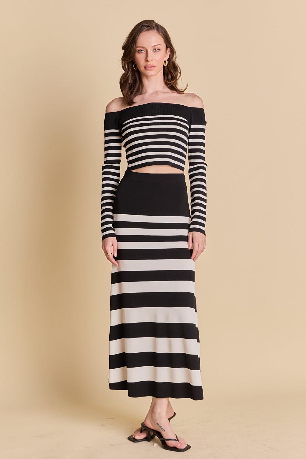 Endless Rose Striped Knit Off Shoulder Sweater BLACK/CREAM