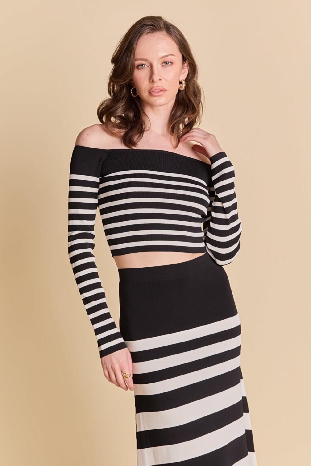 endless rose Striped Knit Off Shoulder Sweater BLACK/CREAM