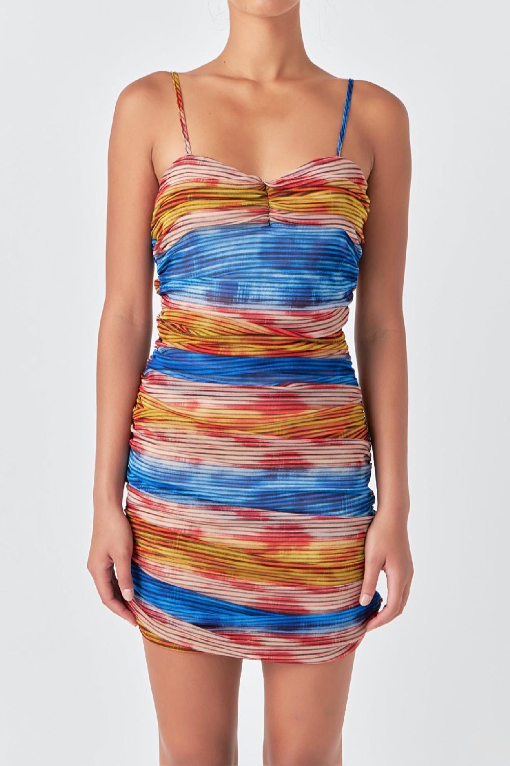 Endless Rose Striped Mesh Mini Dress With Ruched Detail MULTI