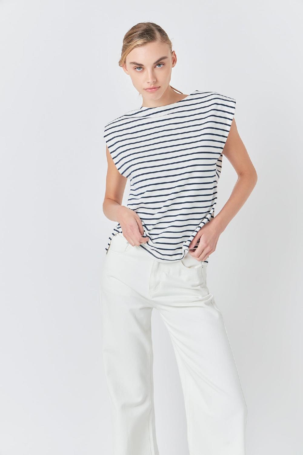 endless rose Striped Padded Sleeveless Top OFF WHITE/NAVY