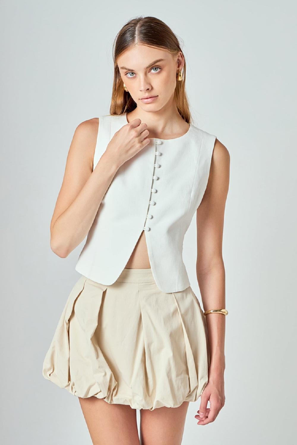 endless rose Tara Button Up Cotton Linen Vest IVORY