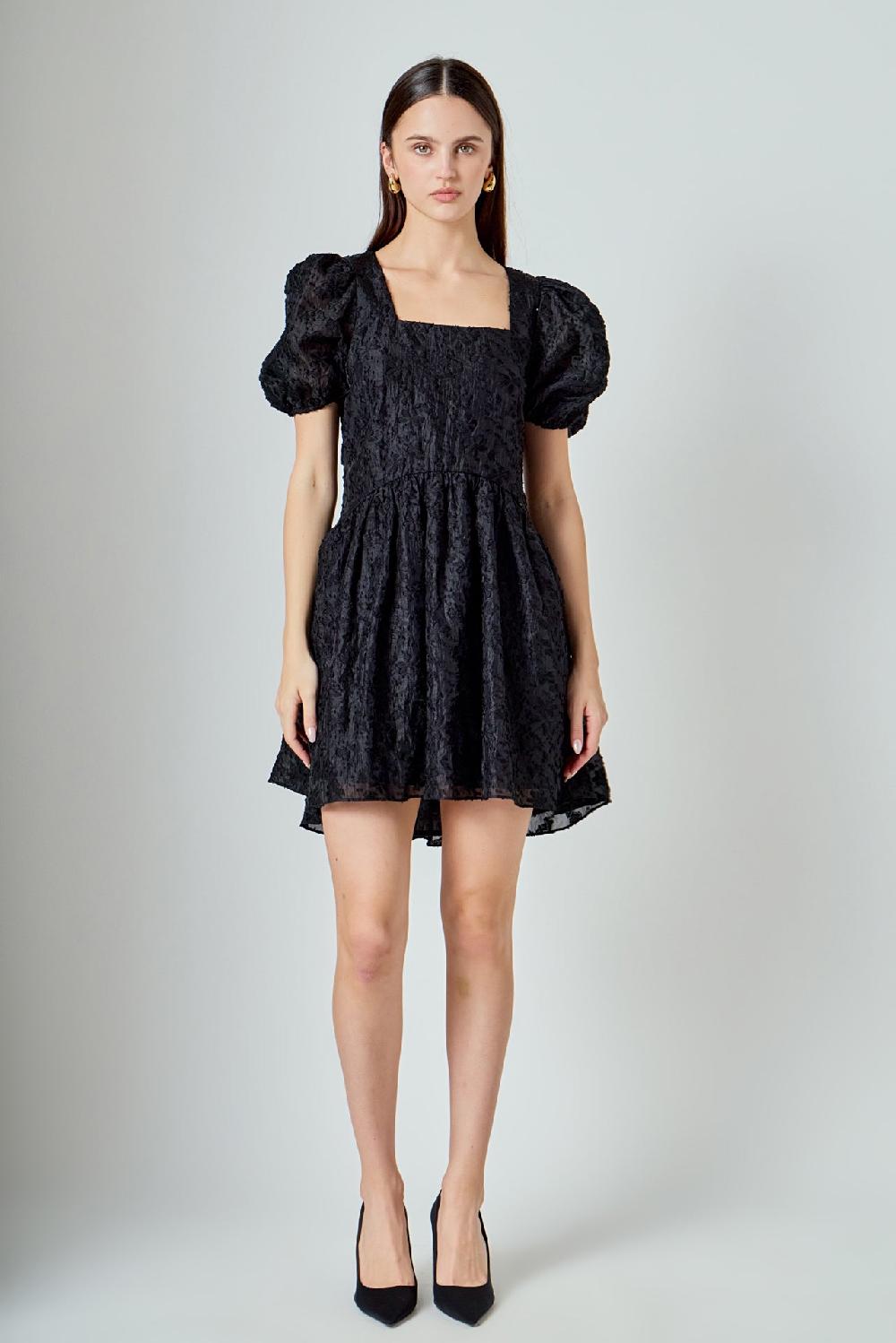 endless rose Texture Floral Organza Mini Dress BLACK