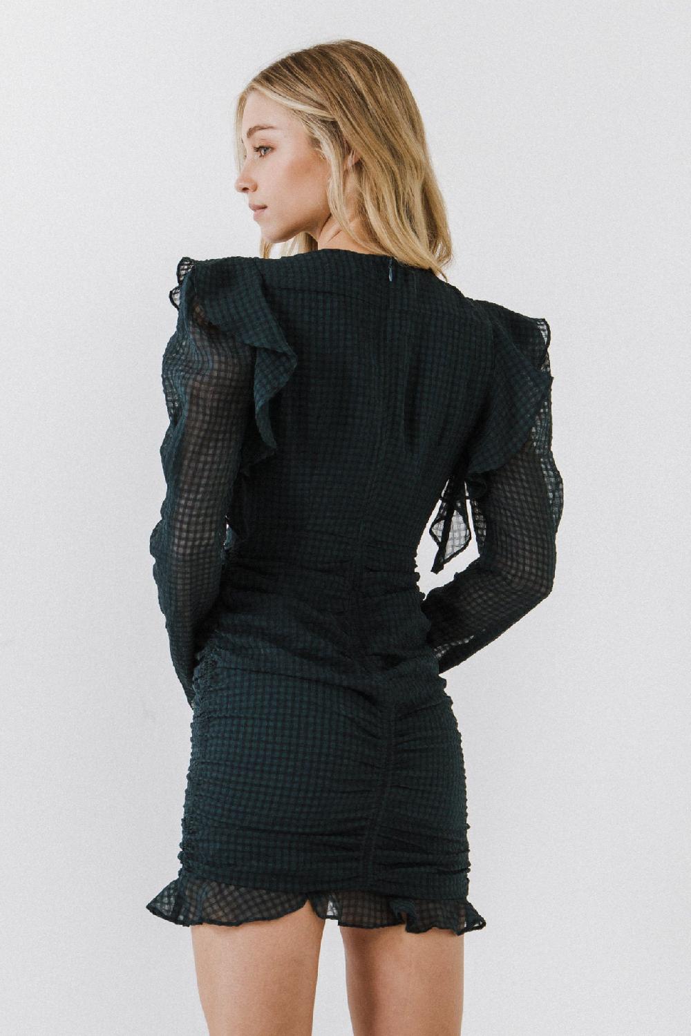Endless Rose Textured Long Sleeve Ruched Mini Dress EMERALD