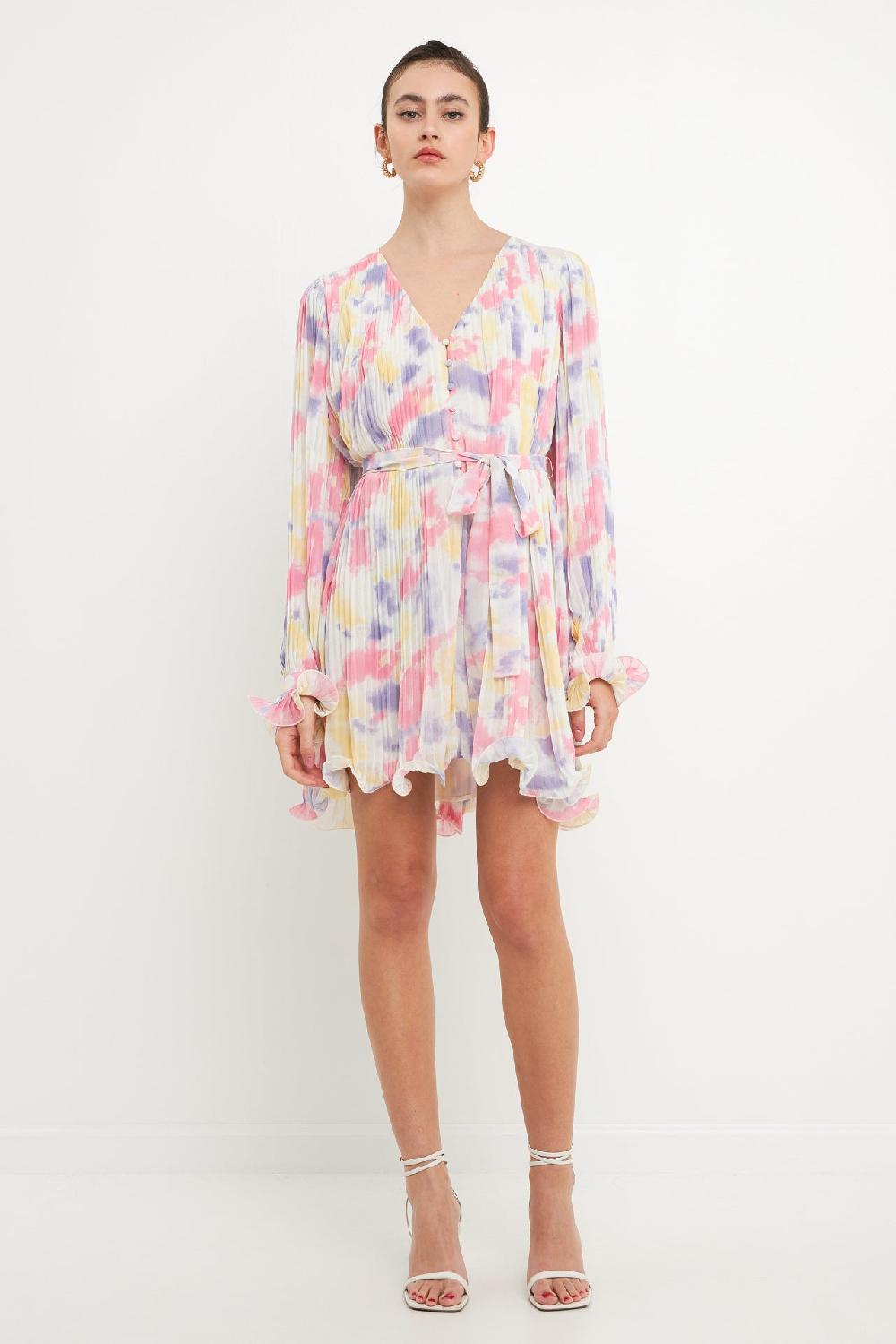 endless rose Tie-dye Chiffon Pleated Mini Dress MULTI