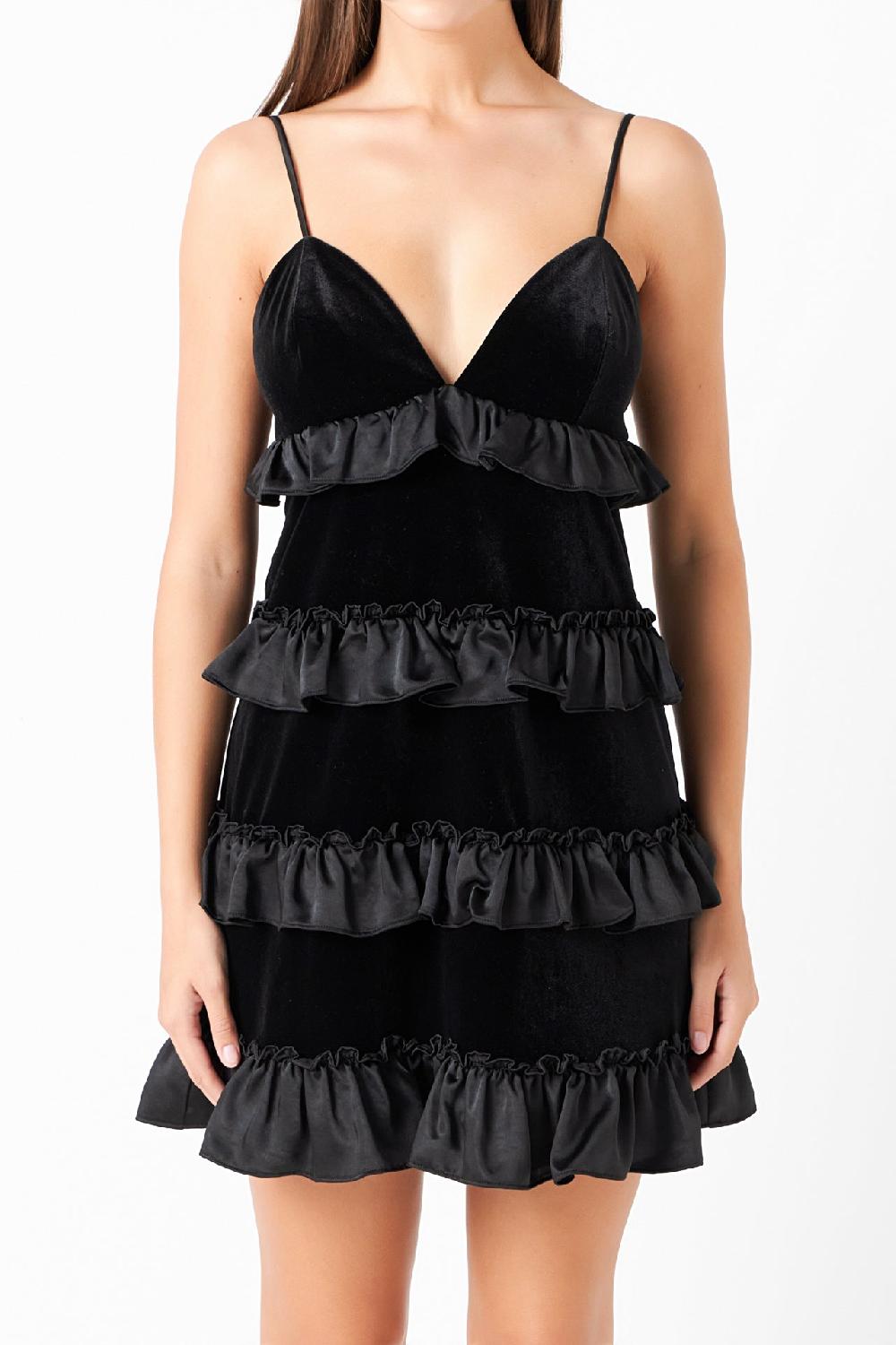Endless Rose Tiered Contrast Velvet Mini Dress BLACK