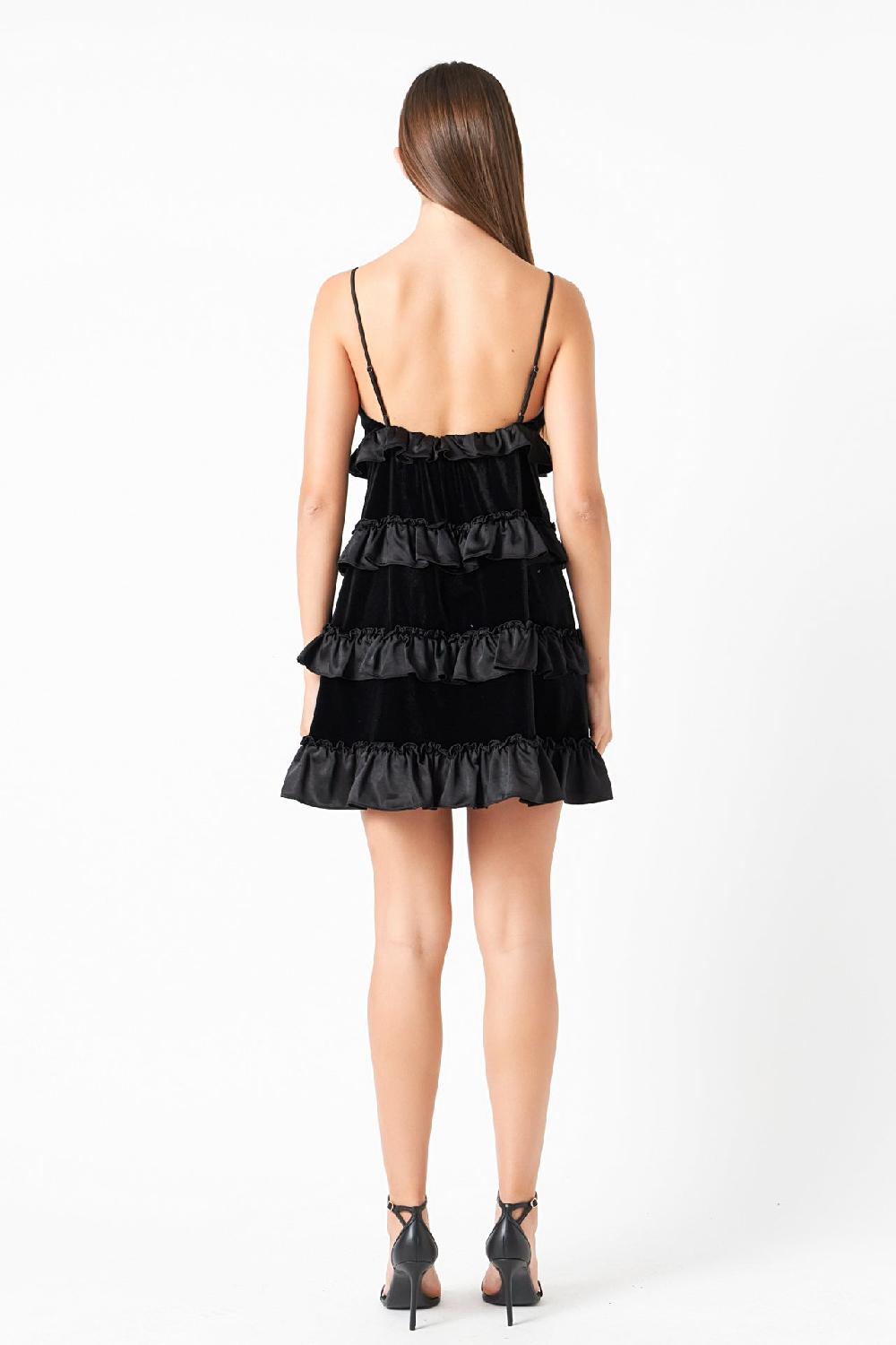 Endless Rose Tiered Contrast Velvet Mini Dress BLACK