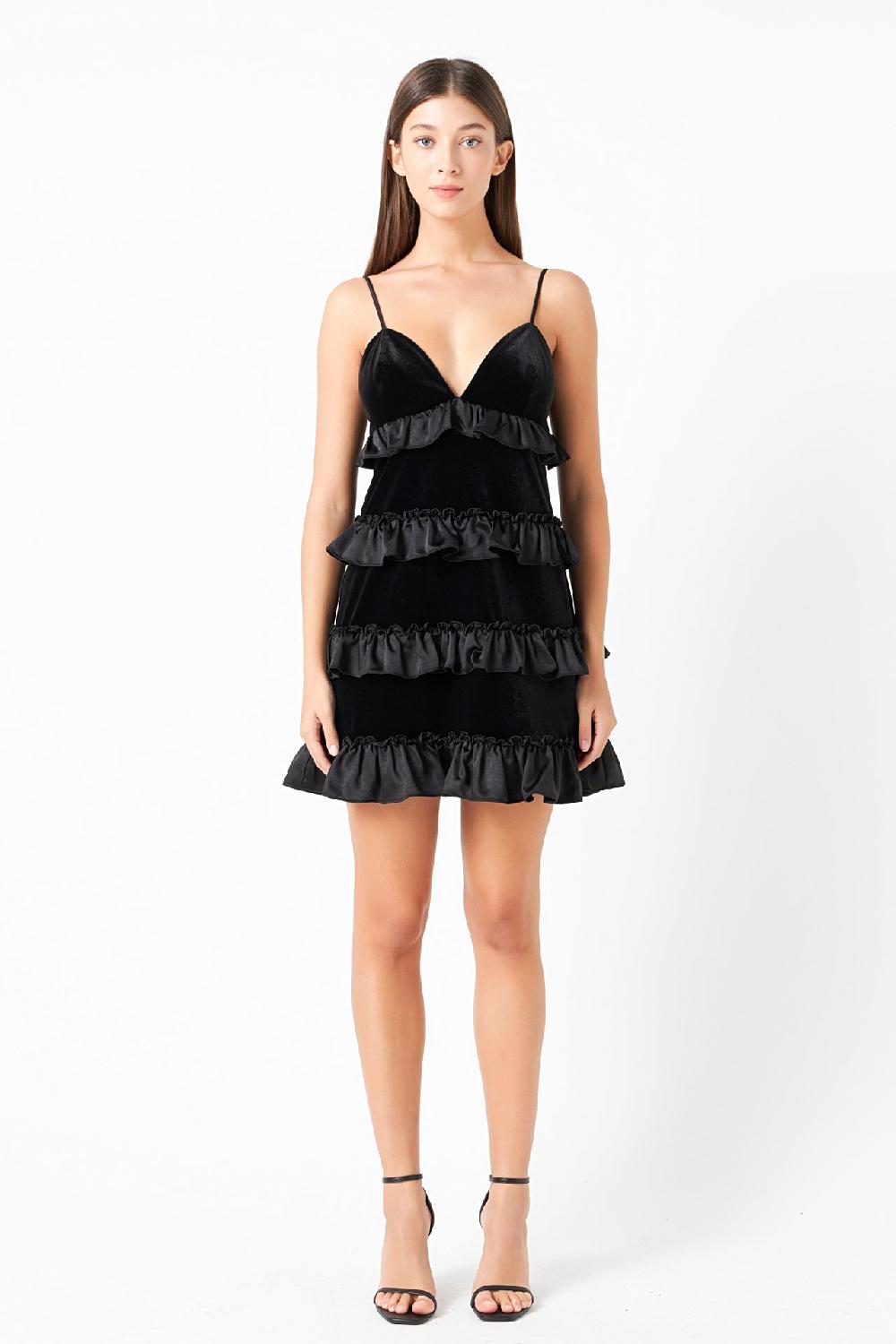 endless rose Tiered Contrast Velvet Mini Dress BLACK